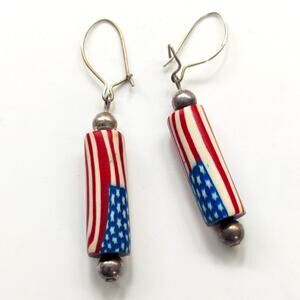Vintage Artisan Made Handcrafted Polymer Clay American Flag Leverback Earrings